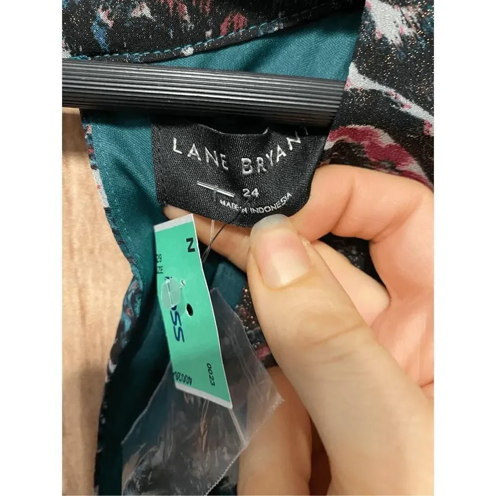 Lane Bryant size 24 NWT Dress Green Puff Long Sleeve Floral keyhole